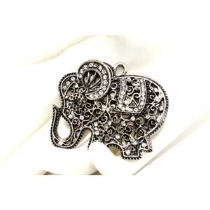 Vintage Elephant Pendant Clear Black Rhinestones Silver Tone Lucky Charm